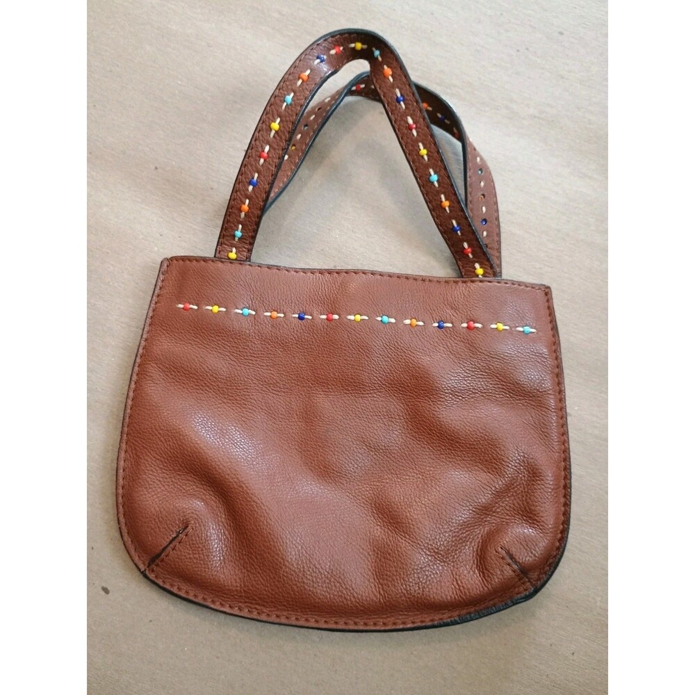 Fossil Small Mini Handbag Purse Tote Brown Leather with Beaded Double Strap